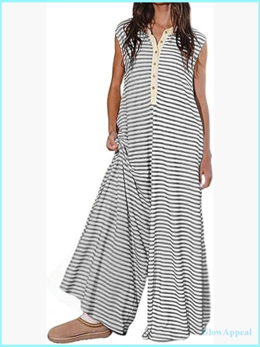 Loose Striped Wide Leg Jumpsuit Flowy Romper Sleeveless Button Baggy Overalls